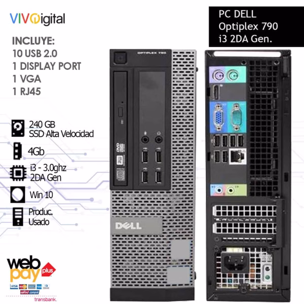 PC DELL OPTIPLEX 790 | Produc USADO | 4gb Ram | Intel i3 2da Gen | 240GB Disco Alta Velocidad