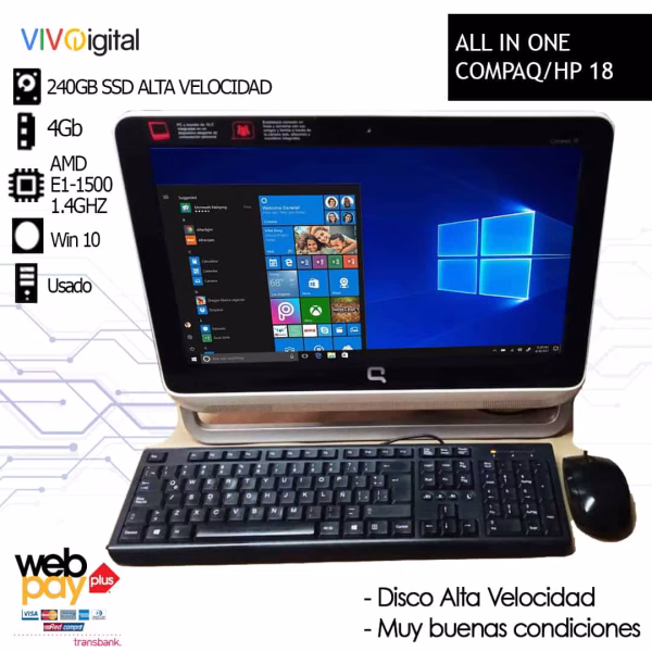 PC ALL IN ONE USADO | COMPAQ HP 18 | Teclado y Mouse | AMD E1-1500 1.4ghz | 4GB RAM | 240GB Disco Alta Velocidad
