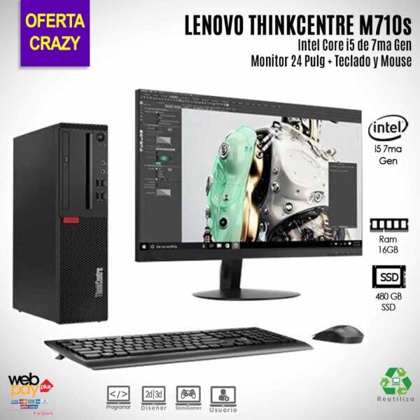KIT Computador LENOVO THINKCENTRE M710s SFF Re-Acondicionado Muy Buenas Condiciones | Intel Core i5-7400 | 16GB Ram | Disco 480GB SSD Alta velocidad | Monitor Nuevo de 24 Pul  - Teclado y Mouse nuevo |