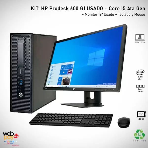 KIT PC HP ProDesk 600 G1 | i5 4ta Gen  | 16GB Ram - 480GB SSD | Monitor 19 Pulg + Teclado y Mouse - RENOVADO