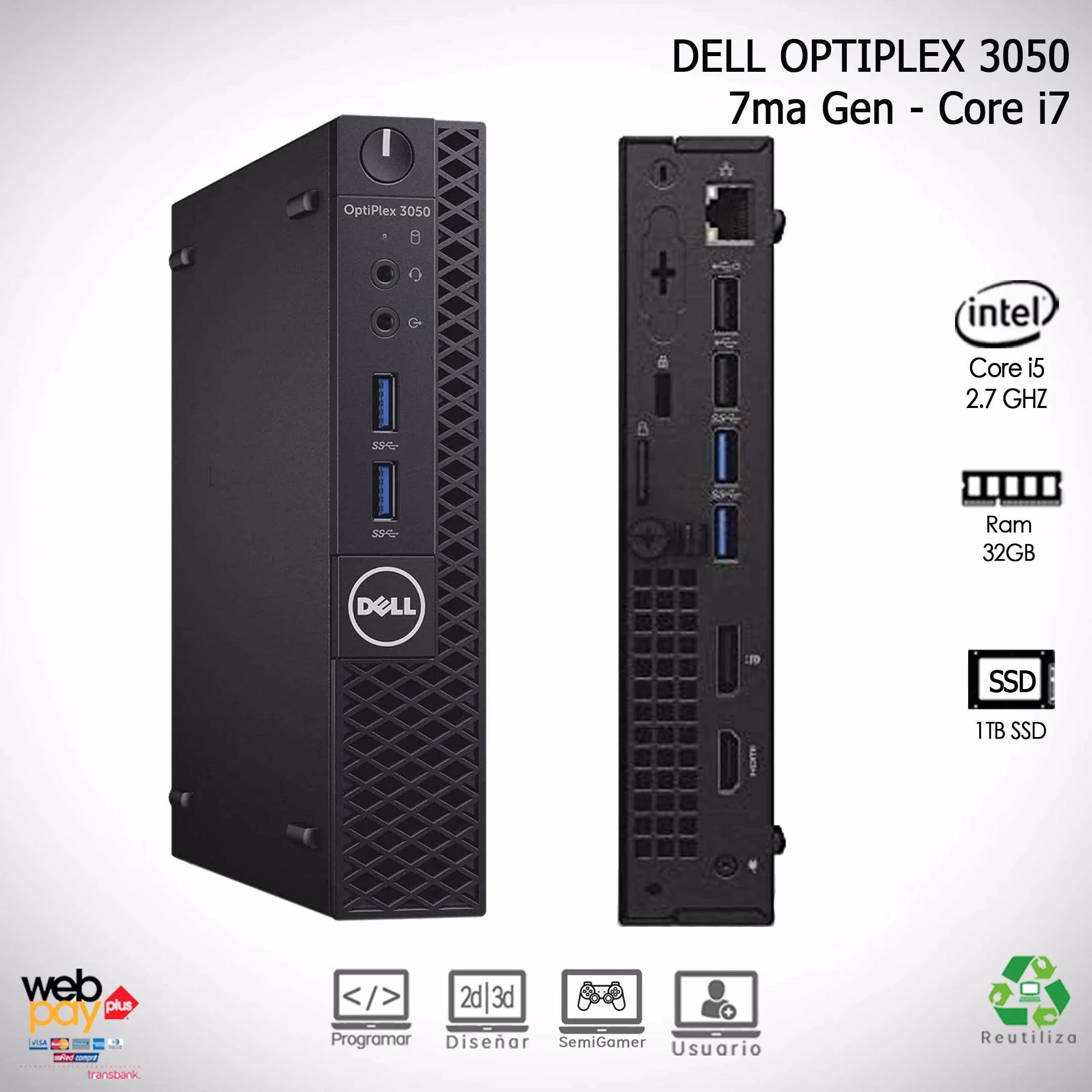 Dell-Optiplex-3050-i7-7ma PC MINI DELL OPTIPLEX 3050 | Renovado | Intel® Core™ I7-7500T de 7ma Gen | 32GB de Ram | 1TB SSD - Imagen 1
