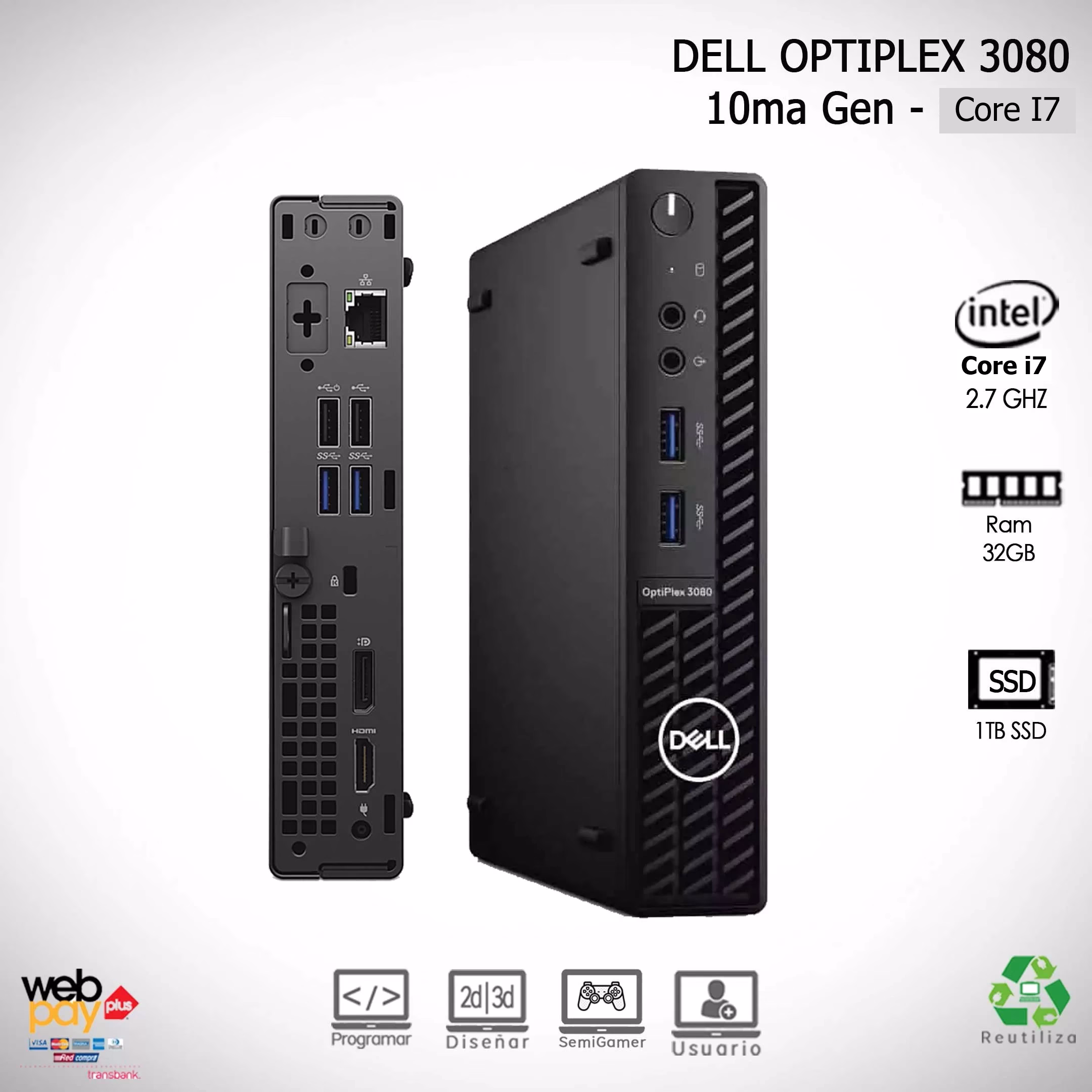 PC-Mini-Dell-Optiplex-3080-Core i7 Mini PC Dell Optiplex 3080 | Intel Core i7 10Ma Gen | 32GB Ram 1TB SSD | Reacondicionado Muy buenas condiciones - Imagen 1
