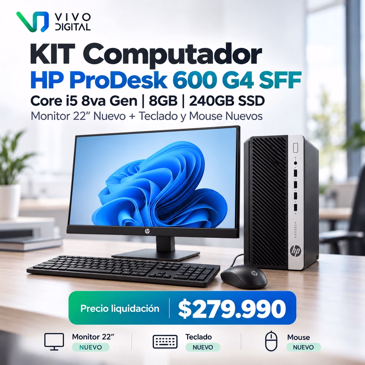 Kit-Computador-HP-Prodesk-600-g4-sff---Core-i5---8va-Gen--8GB-240GB-SSD--Monitor-22-pul---kit-teclado-y-mouse---5 KIT Computador HP ProDesk 600 G4 SFF Reacondicionado | Core i5 8va Gen - 8GB - 240GB SSD | Monitor 22Pul Nuevo + Teclado y Mouse Nuevo - Imagen 1