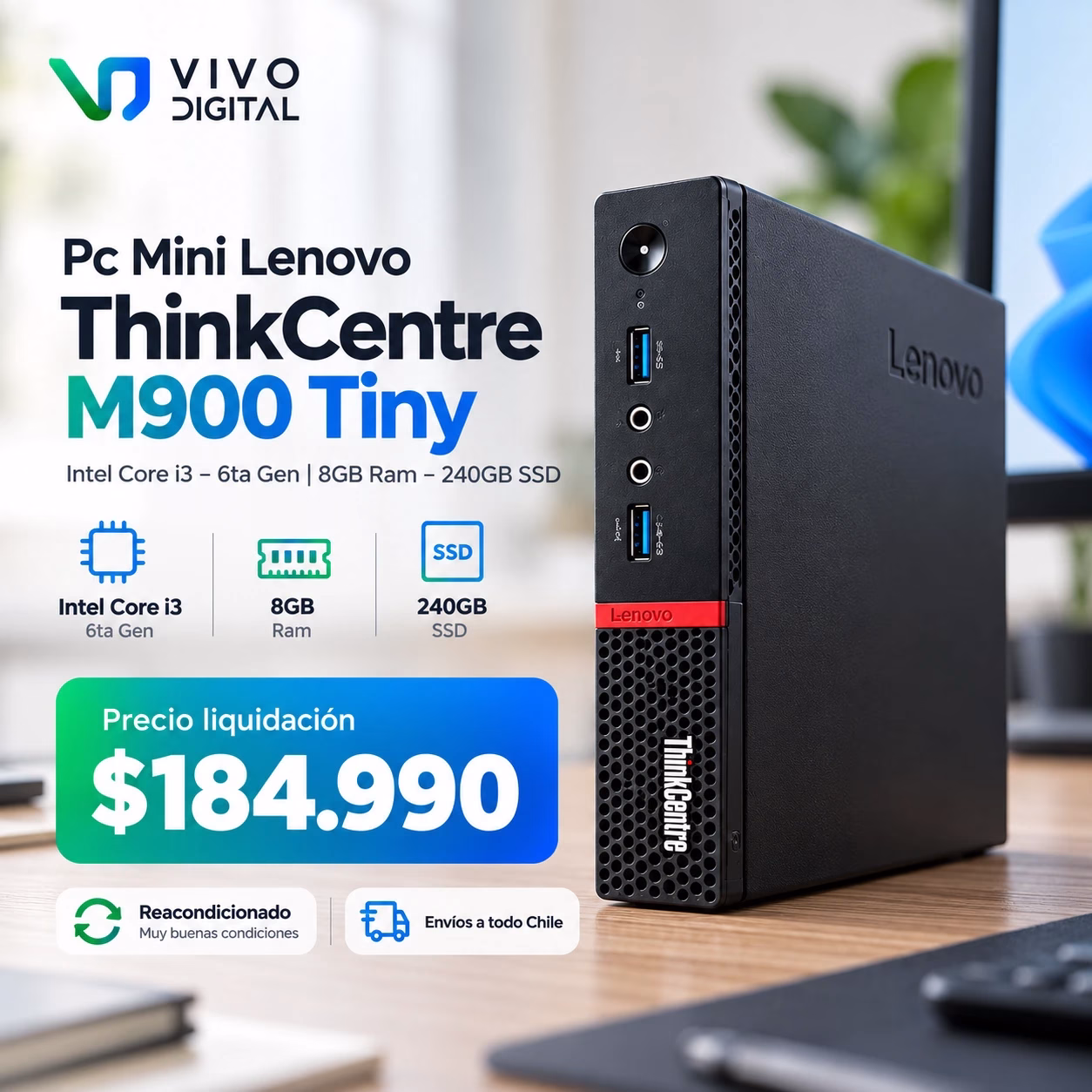 LenovoThinkCentre-M900-Tiny-Core-i3-6ta-Gen-8GB-240GB--1 Pc Mini Lenovo ThinkCentre M900 Tiny | Intel Core i3 - 6ta Gen | 8GB Ram - 240GB SSD | Reacondicionado muy buenas condiciones - Imagen 1