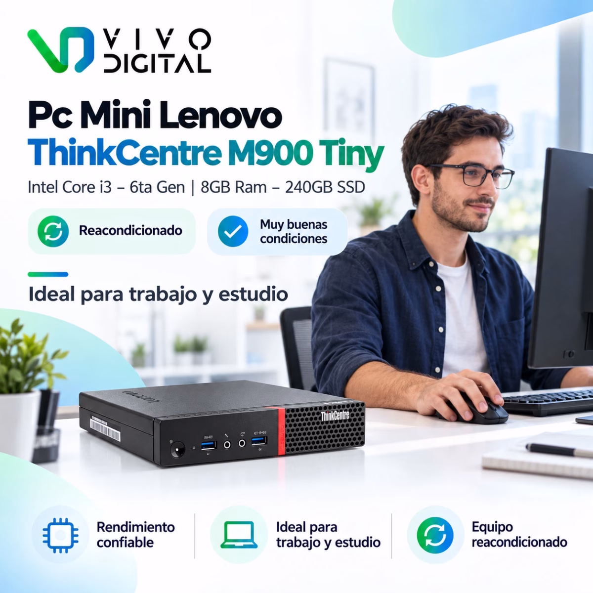 Pc Mini Lenovo ThinkCentre M900 Tiny | Intel Core i3 - 6ta Gen | 8GB Ram - 240GB SSD | Reacondicionado muy buenas condiciones - Imagen 3