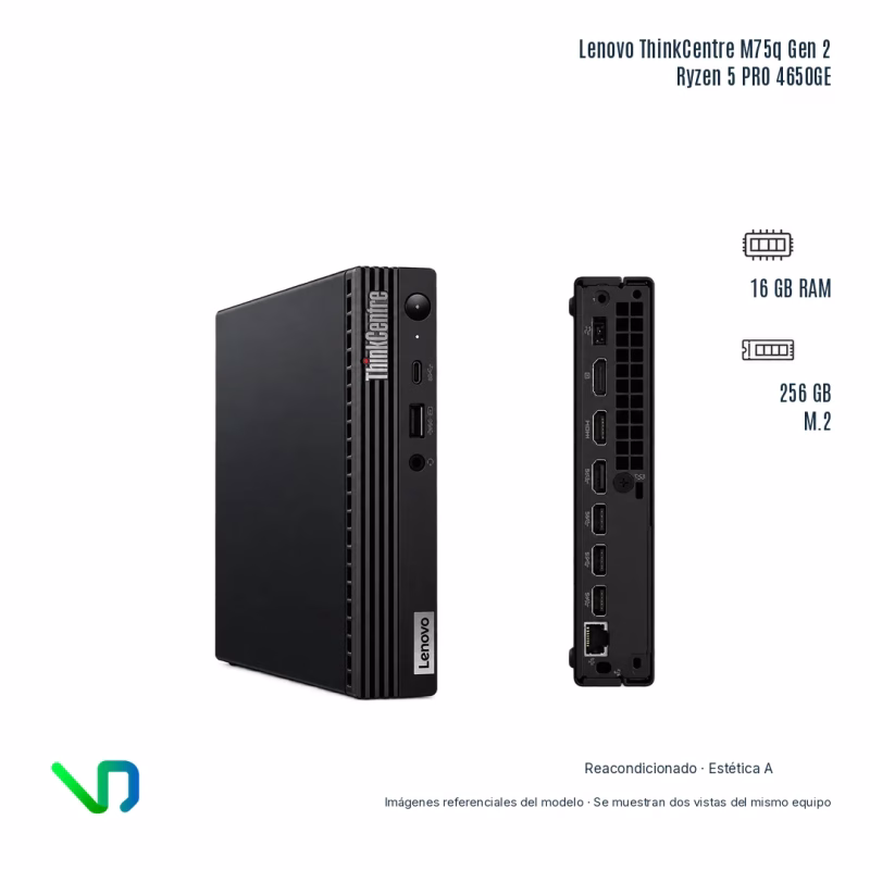 Mini PC Lenovo ThinkCentre M75q Gen 2, vistas frontal en ángulo y posterior verticales del mismo equipo; Ryzen 5 PRO 4650GE, 16 GB RAM y 256 GB M.2. Imagen referencial.