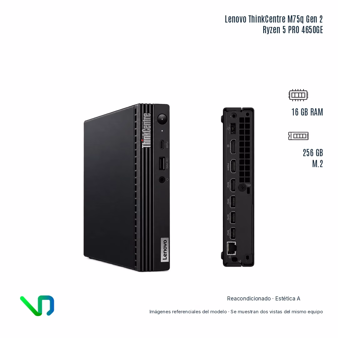 PC-MINI-Lenovo-ThinkCentre-M75q-Gen-2-Ryzen-5-PRO-4650GE-16GB-256-GB-M-2-Reacondicionado-Condicion-Estetica-A-1 Mini PC Lenovo ThinkCentre M75q Gen 2, vistas frontal en ángulo y posterior verticales del mismo equipo; Ryzen 5 PRO 4650GE, 16 GB RAM y 256 GB M.2. Imagen referencial.